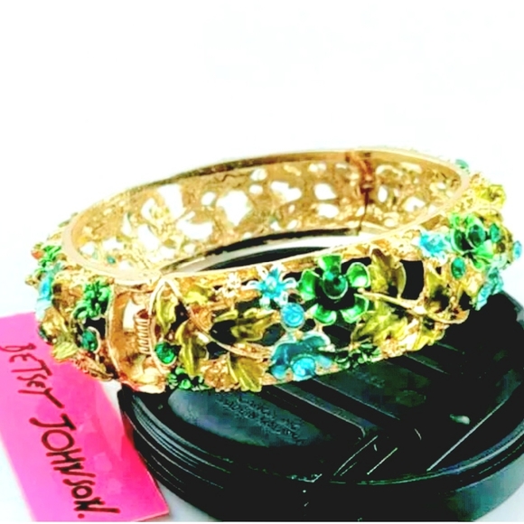 Gold-plated blue green crystal flower bangle bracelet BOGO - Picture 11 of 12